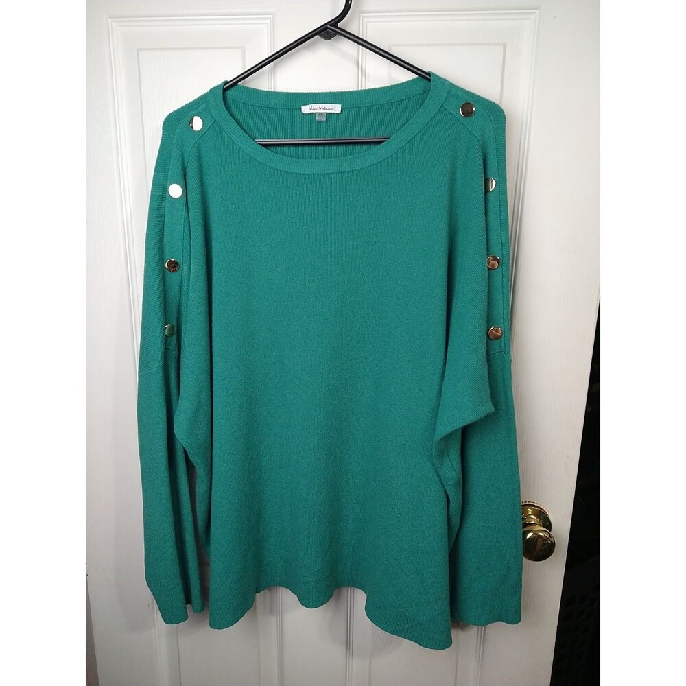 Vila Milano Woman 2X Green Ribbed Knit Dolman Shoulder Gold Button Accent...